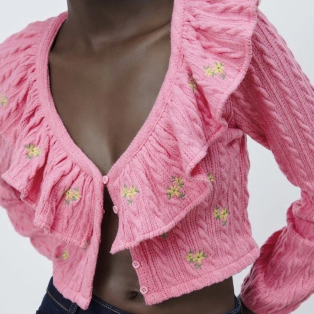 Zara Pink Ruffled Cardigan Floral Accents